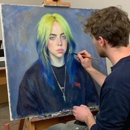 a photo of an impressionist artist making a painting of billie ellish