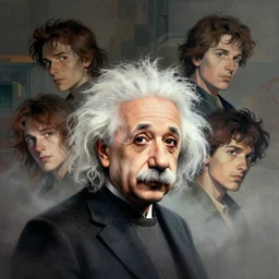 portrait albert einstein, colorful, modern art deco, victo ngai, mads berg, karolis strautniekas, christopher balaskas, stippled light, fog, moody, fine texture, editorial illustration, dramatic lighting, dynamic composition, detailed, matte print, dynamic perspective, muted color, anime visual