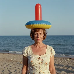 middle aged woman with an inflatable toy head on top of her head wearing a dress at the seaside 1976 French film archival footage technicolor film expired film 16mm new wave John Waters