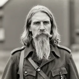 a black and white old photo of a soldier with long blonde hair and long blonde moustache