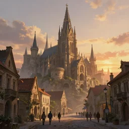 people walking at the town, art by wadim kashin, cgsociety, artstationhq, sunset, old gothic architecture, big medieval town, tall towers, concept art, fantasy, dystopian art