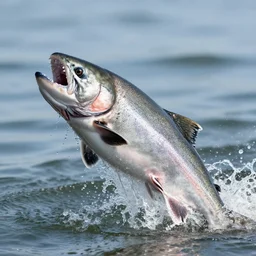 a close - up photograph of a salmon with it's mouth open jumping out of the water. national geographic, fast shutter speed, 5 0 mm