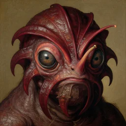 close up portrait of a mutant monster creature with face in the shape of a colorful exotic dark red carnivorous plant, snail - like protruding eyes. by jan van eyck, audubon