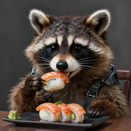a portrait of an anthropomorphic cyberpunk raccoon eating sushi, cyberpunk!, fantasy, elegant, digital painting, artstation, concept art, matte, sharp focus, illustration, art by josan gonzalez
