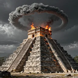 a photorealistic hyperrealistic render of a stone temple at the top of a aztec ziggurath, burnig, destroyed, collapsed roof scene by greg rutkowski, wlop, artgerm, snake shaped clouds above, dramatic lighting, strong shadows, volumetric, cinematic atmosphere, octane render, artstation, 8 k