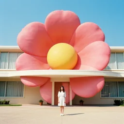 giant flower head, full body, girl standing in hotel, surreal, symmetry, mid century, bright colours, blue sky, realistic, wes anderson
