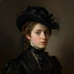 Portrait of a Young Victorian widow wearing a black veiled hat in the style of Rembrandt, Gustav Klimt, edge lighting, tonemapped, painterly