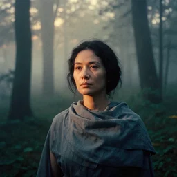 portrait bust of woman, tarkovsky, film grain, kodachrome, dense forest, black hair, cloth, heavy fog, hudson river school, 4 k, dramatic lighting, sunrise, hayao miyazaki, masashi ando, nizou yamamoto, kazuo oga, joe hisaishi, yoji takeshige, naoya tanaka
