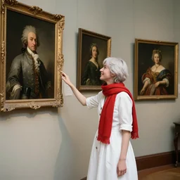 a young curator with light white hair and red scarf, cheerful, modern white fashion dress from the year 1 9 9 9, is ( ( looking at portraits on a wall ) ). light dust, magnificent, hyperdetailed, theatrical, painted by jean honore fragonard and marguerite gerard