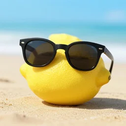 lemon on the beach wearing sunglasses