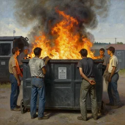 people standing around a burning dumpster, an american scene painting by thomas hart benton, austin briggs, john philip falter, cg society, dystopian art, american realism, academic art