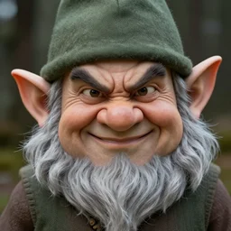 mean looking gnome. Cruel grin. Threatening. Photo 8K Detailed face.
