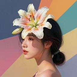 photo of a girl with a lily flower on her head instead of hair in vibrant lighting, elegant, highly detailed, smooth, sharp focus, illustration, beautiful, geometric, trending on artstation, cinematic, artwork by WLOP