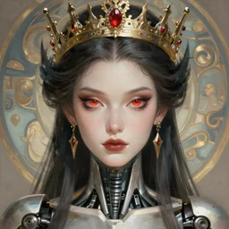 concept art by artgerm, super attractive i robot demon queen with crown and red eyes, close - up portrait, soft natural light, intricate, elegant, highly detailed, digital painting, artstation, concept art, smooth, sharp focus, illustration, art by by gaston bussiere and greg rutkowski and alphonse mucha and uang guangjian and gil elvgren, symmetry!!