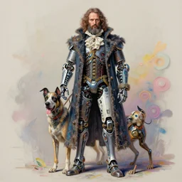 intricate highly detailed rasputin with his cyborg dog full body portrait, high resolution uhd hyper realistic hyperdetailed 8 k pastel paint pour by peter mohrbacher