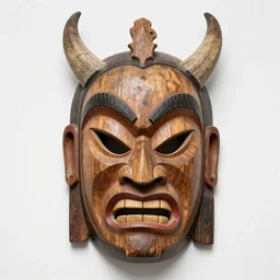 wooden tribal mask, agressive behavior, horns