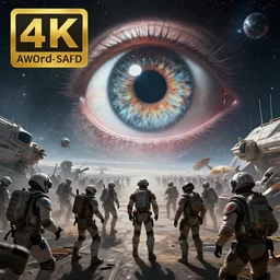 photograph of a large battle in space with a human eye!!! watching in the background, realism, 4k, award-winning art, digital art, cinematic, UHD, high quality, trending on artstation HQ