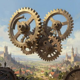 giant interlocked gears cogs floating in the sky no people clockwork, giant mechanisms, industry, villages castles, buildings vista artstation illustration sharp focus sunlit vista painted by ruan jia raymond swanland lawrence alma tadema zdzislaw beksinski norman rockwell tom lovell alex malveda greg staples