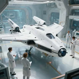 ( cyberpunk 2 0 7 7, bladerunner 2 0 4 9 ), white color theme, scientists creating an artificial alien highly detailed futuristic biomechanical thick smooth quad wing combat spaceship in their spaceship lab, glassy, sharp,, photographic, natural light, photorealistic, anti aliased, by brian sum and annie leibowitz,