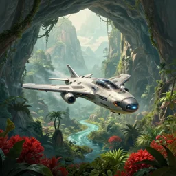 futuristic scifi aircraft hurtling through a prehistoric jungle cave, mountains, vines, water, red shrubs, lush flora, beautiful pencil artwork, volumetric lighting, haze, raytracing, 8 k