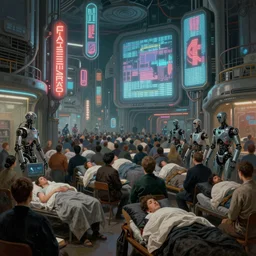 futuristic neon signs in a scene of ( millions of people ) waking up, ( ( robot cyborgs ) ), futuristic oil painting by rembrandt and jeff koonz, ( ( led panel screens and projections ) ), intricate details, ( ultra realistic ), dynamic lighting, ( octane render ), ( ( ( vertical led strip lighting ) ) ), 3 5 mm lens, film grain, desaturated