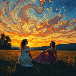 three women fall over, sunset, ( ( ( ( ( ( ( ( painted by van gogh ) ) ) ) ) ) ) )