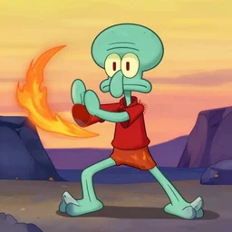 longnose squidward wearing fire nation clothing and practicing firebending outside at susnset, [ greg rutkowski ]