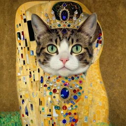 a beautiful portrait of a humanoid cat wearing jewels and crown by Gustav Klimt and Carlos Schwabe