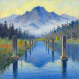 a landscape pastel in the style of noriyoshi ohrai and bob ross of a blue reflective path to some misty mountains in the background. along the path stands pillars that reflect in the water. key art. 4 k fantasy