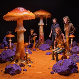 a slimy oozy mushroom garden by simon stalenhag and hubert robert and zacharias aagaard and gillis rombouts and greg rutkowski and beeple, hyperrealism!, orange sand, purple rocks, chiaroscuro!!!!, tonalism!, desaturation, high contrast, vibrant!, highly detailed, volumetric lighting