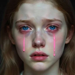 a pale skinned girl with deep blue eyes crying neon pink tears, close up, highly detailed, intricate, sharp focus, subsurface scattering, art by caravaggio, greg rutkowski, sachin teng, thomas kindkade, alphonse mucha, norman rockwell, tom bagshaw.