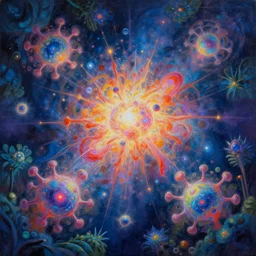 a beautiful painting of a neutron stars exploding in bioluminescent gardens, colorful dream, glitches, detailed art, by shan jiang and disney, trending on artstation