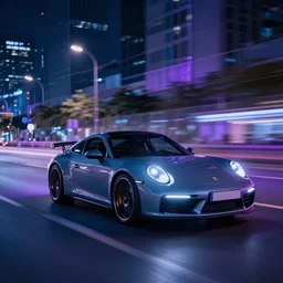 photo of a porsche 911 at night driving fast through a city, cinematic, 4k, long exposure photography, blue and purple light