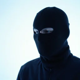 male wearing a black ski mask, blue tone, white light background, by bill henson