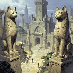 a beautiful and highly detailed digital painting of an ancient city with stone statues of anthropomorphic Feline Gods by Feng Zhu and Daniel Merriam | graphic novel, illustration:.4