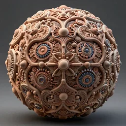 a stunning ultra detailed intricate spherical polymer clay sculpture made of repetitive organic and geometric shapes, paisley patterns, fractals, artstation, deep depth of field, volumetric lighting, 3 d model, 8 k