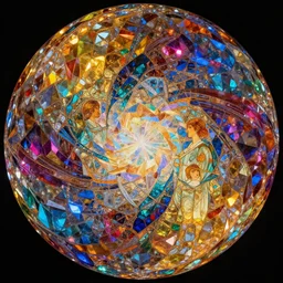 inside a sphere with colorful walls made of faceted crystals, interconnected, 360 degree view, dynamic lighting, 4k, HQ, hyper realistic, octane render, colorful, vibrant, cinematic, amazing details, by james jean, brian froud, ross tran, alphonse mucha