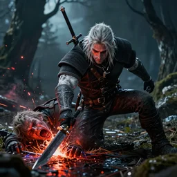 geralt of rivia slaying a downer in the witcher 3, hyper realistic, cinimatic, epic shot, movie still, 8 k, dramatic shot, dramatic lighting, vibrant, shadows, reflections, depth of field