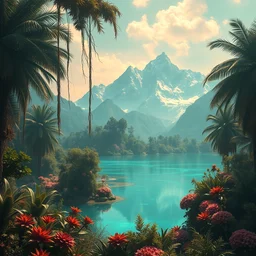 a retrowave aesthetic style artwork of a paradise garden, a land of the dead, divine, hazy, volumetric lighting, snowy summits in the background, vast turquoise lake, lush flora, empty, spacetime bending, very detailed, serene, gold accents, washed out colors, beautiful artwork, master level composition, raytracing