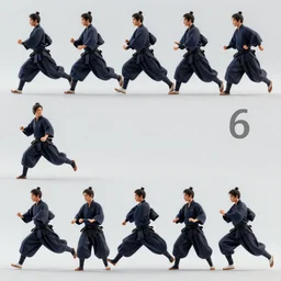 samurai character model, running sequence, pose 5 of 1 6, orthographic front view, single figure, 4 k photograph, clear details, pose 5 of 1 6,