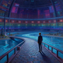 the last hologram remnants of humanity stand conversing on a neon cobblestone bridge over a river made of simulated layers, a scene set in a vast holodeck. a lonely room teetering on the edge of the universe and the spectrum of oblivion encompasses all emotion. sci - fi fantasy digital oil painting, by thomas edvard cole kinkade gurney.