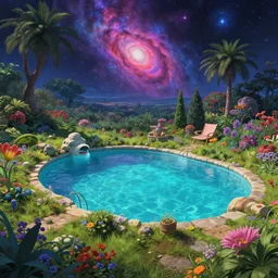 a beautiful ultradetailed highly detailed nature swimming pool by owen d. pomery, elysian cosmic meadow at night matte painting studio ghibli retrowave san andreas hyperrealism mars, archdaily, wallpaper, highly detailed, trending on artstation.