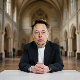 macro shot of Elon Musk sitting on a table in the hall of a great castle