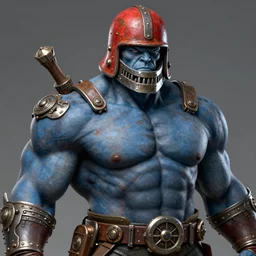 solid thick super muscly male portrait, rusty red helmet, large metal jaw, blue skin, ultra realistic, intricate details, looper artifacts, highly detailed by peter mohrbacher, allen williams, hajime sorayama, wayne barlowe, boris vallejo, aaron horkey, gaston bussiere, craig mullins