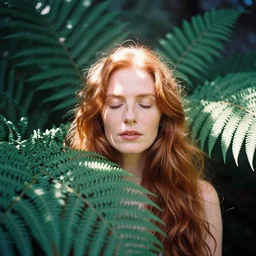 A analog head and shoulder frontal portrait photography of a redhead woman behind multiple big fern leaves by Annie Leibovitz. Long hair. eyes closed. Kodak Color Plus 400 film. Sunshine. detailed. hq. realistic. Rembrandt light style. warm light. muted colors. lens flare. photoreal. Bloom and glare. Leica M9.