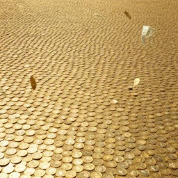 4 k hd, high resolution landscape photograph of fields covered with gold coins, raining dollars, shot with sigma f / 4. 2, 2 5 0 mm sharp lens, wide shot, high level texture render