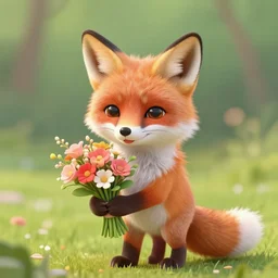 cute photograph of a fox holding a bouquet of flowers