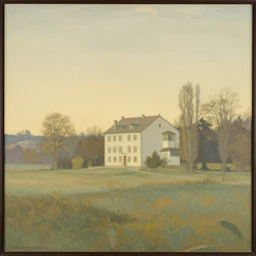 A serene landscape with a singular building in the style of Alfons Maria Mucha.