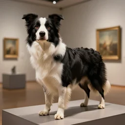 museum photo of a border collie, by rachel ruysch, detailed octane render, volumetric light, ambient occlusion