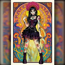 cute punk goth fashion fractal Día de los Muertos tattooed alien girl posing, psychedelic poster art of by Victor Moscoso Rick Griffin Alphonse Mucha Gustav Klimt Ayami Kojima Amano Charlie Bowater, masterpiece